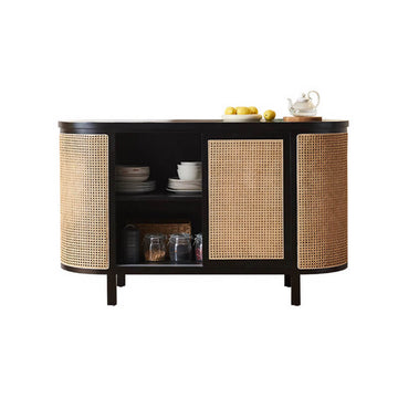 59" Rattan Dresser with Shelves and Doors - Black Japandi Style